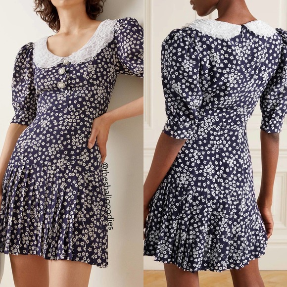 ALESSANDRA RICH Floral Daisy Print Lace Trimmed Silk Mini Dress - Picture 2 of 10